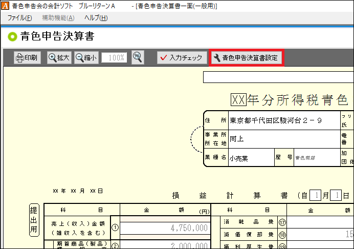【新品未開封】ブルーリターンA  確定申告 青色申告特別控除額を10万円に設定していて、決算書四面を印刷